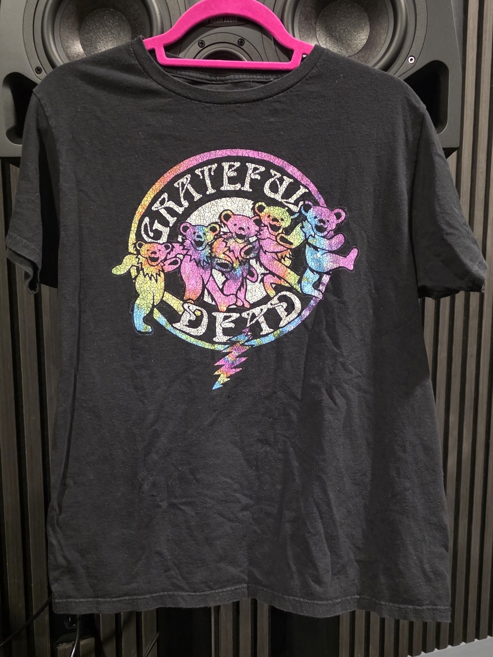 Grateful Dead Black Tee with Glitter Rainbow Dancing Bears